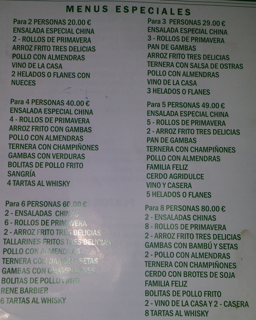 Folleto / Carta / Menú: Menus especiales de RESTAURANTE CHINO "NUEVA CHINA"