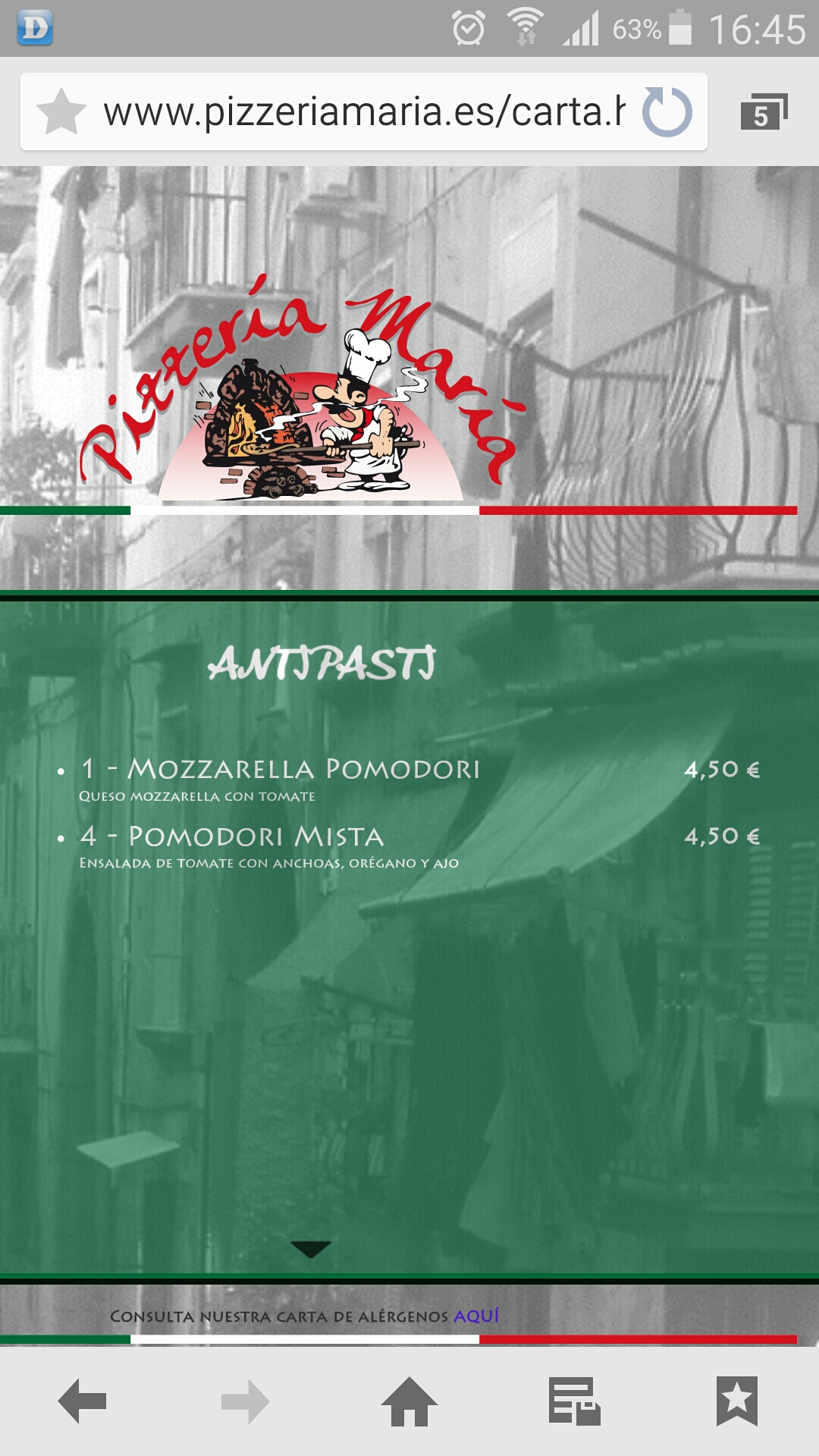 Folleto / Carta / Menú: Hoja 1 de Pizzeria María
