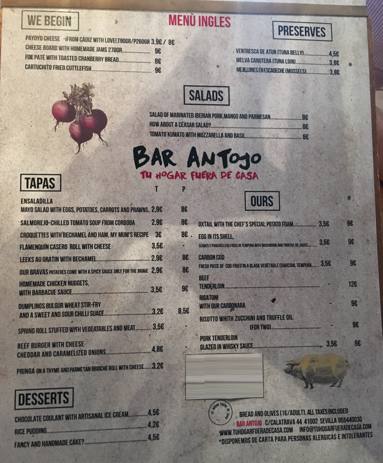 Folleto / Carta / Menú: Carta inglés de BAR ANTOJO