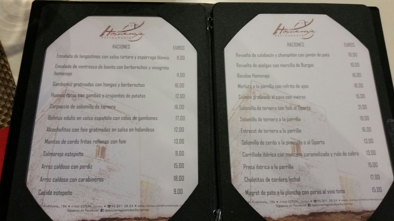 Folleto / Carta / Menú: Raciones de El Homenaje
