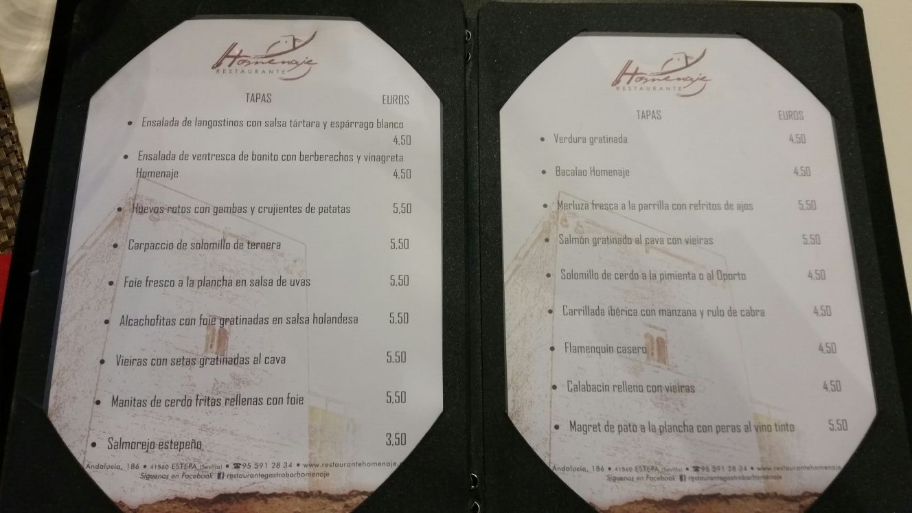 Folleto / Carta / Menú: Tapas de El Homenaje