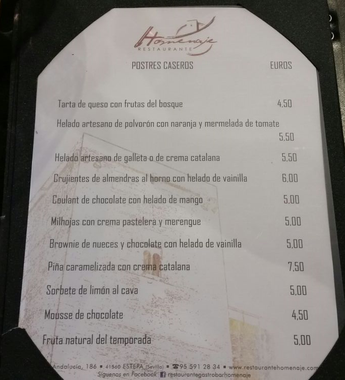 Folleto / Carta / Menú: Postres de El Homenaje