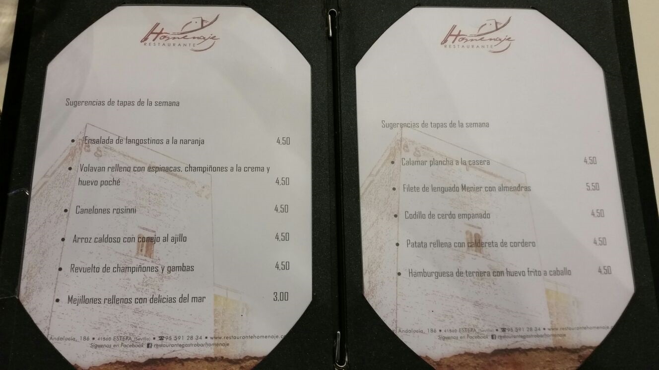 Folleto / Carta / Menú: Sugerencias de tapas de la semana de El Homenaje