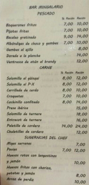 Folleto / Carta / Menú: Hoja de Bar mingalario