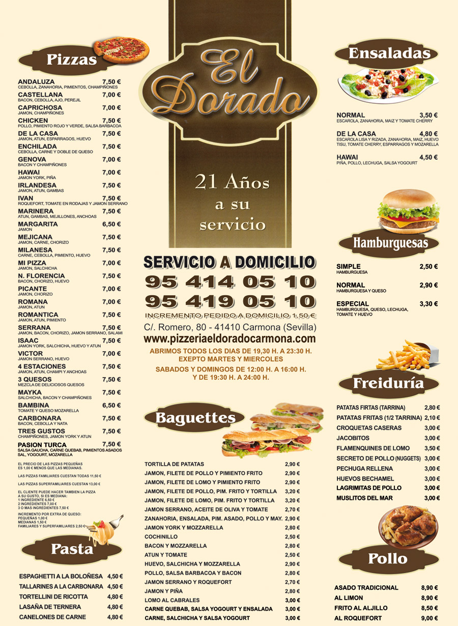 Folleto / Carta / Menú: Carta de Pizzeria el dorado