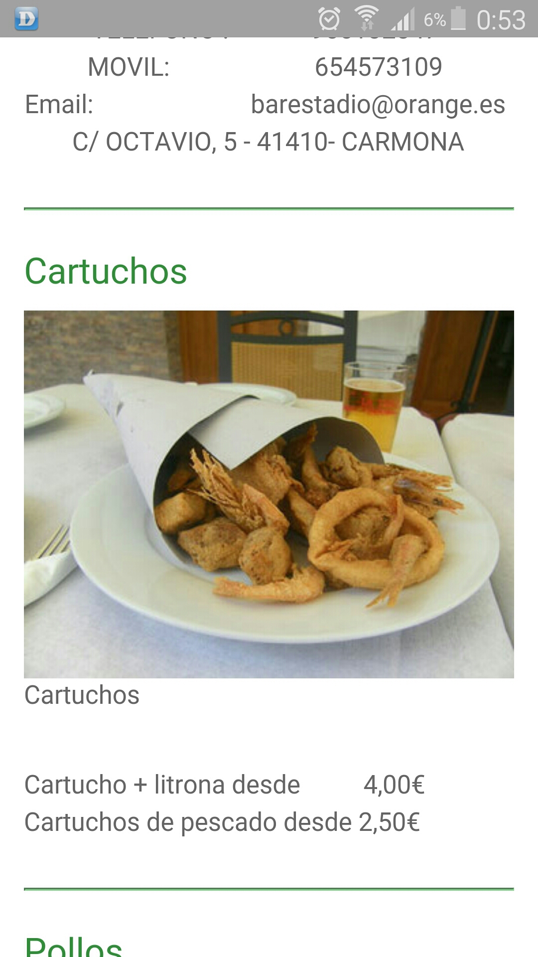 Folleto / Carta / Menú: Cartuchos de Bar estadio churrería, asador de pollos y pizzería