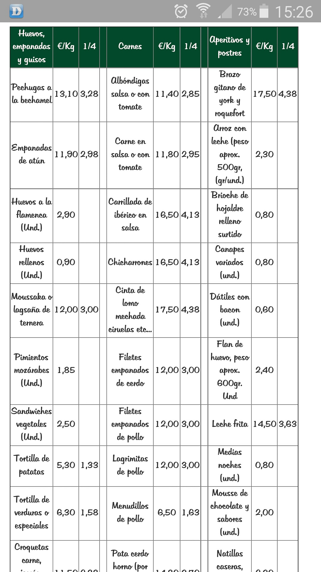 Folleto / Carta / Menú: Hoja 1 de Comidas caseras pepi