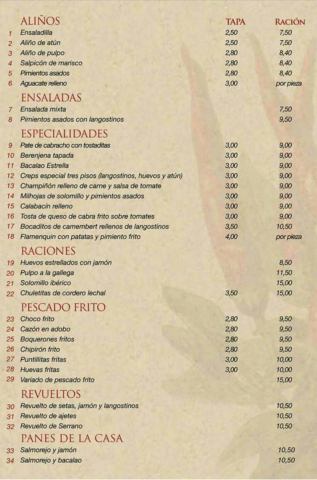 Folleto / Carta / Menú: Hoja 1 de Bar estrella