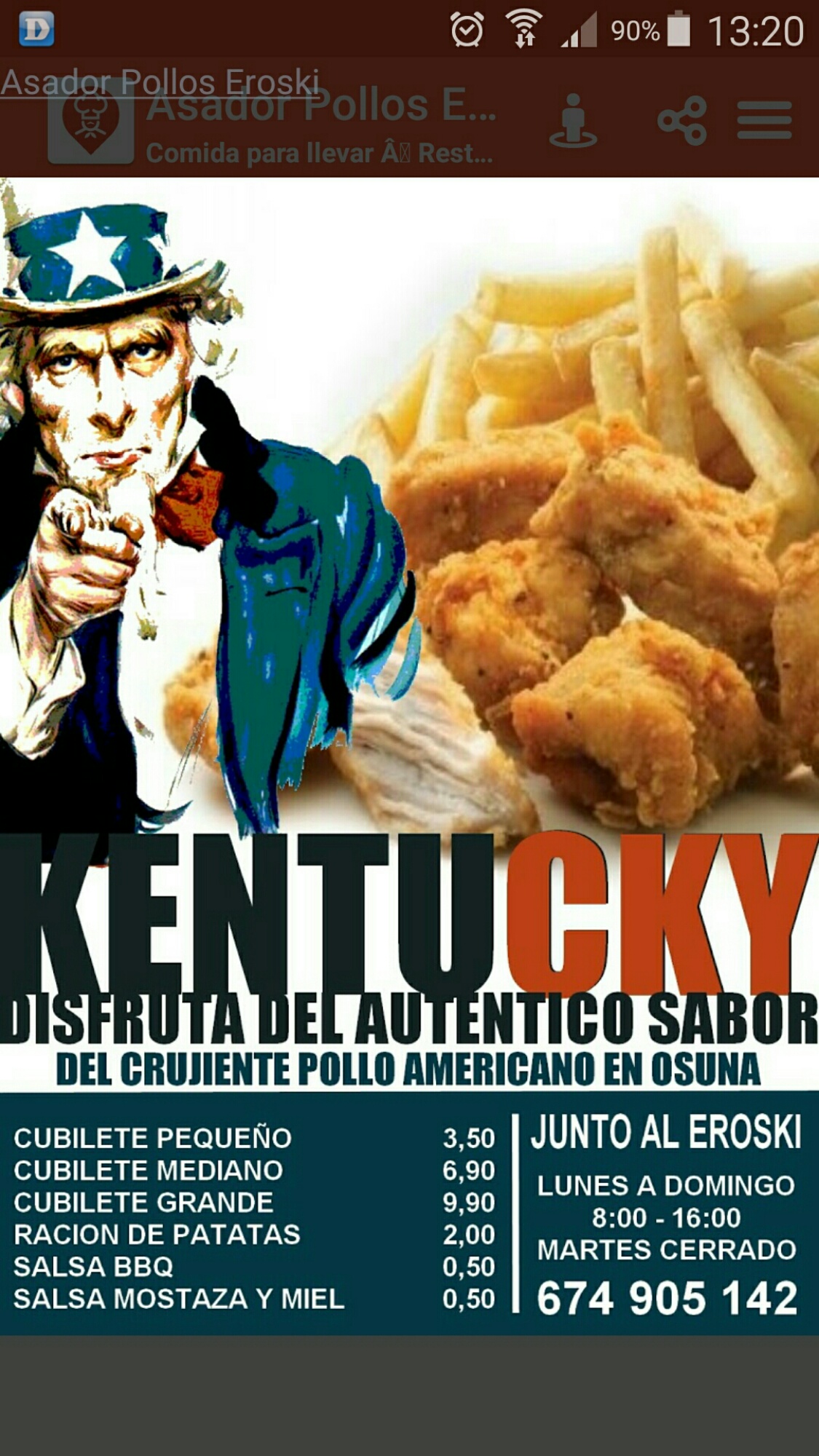 Folleto / Carta / Menú: Hoja 1 de KENTUCKY , Asador de Pollos Erosky