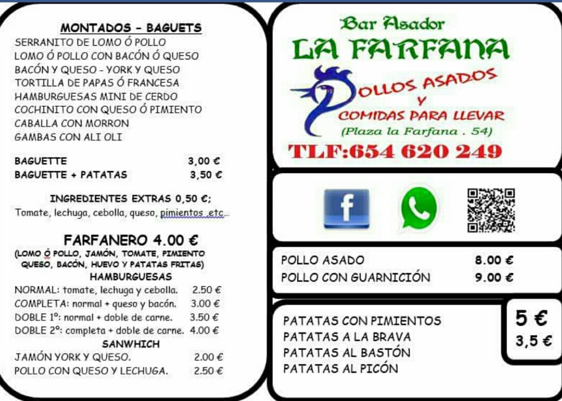 Folleto / Carta / Menú: Hoja 1 de La Farfana, Asador y Freiduría