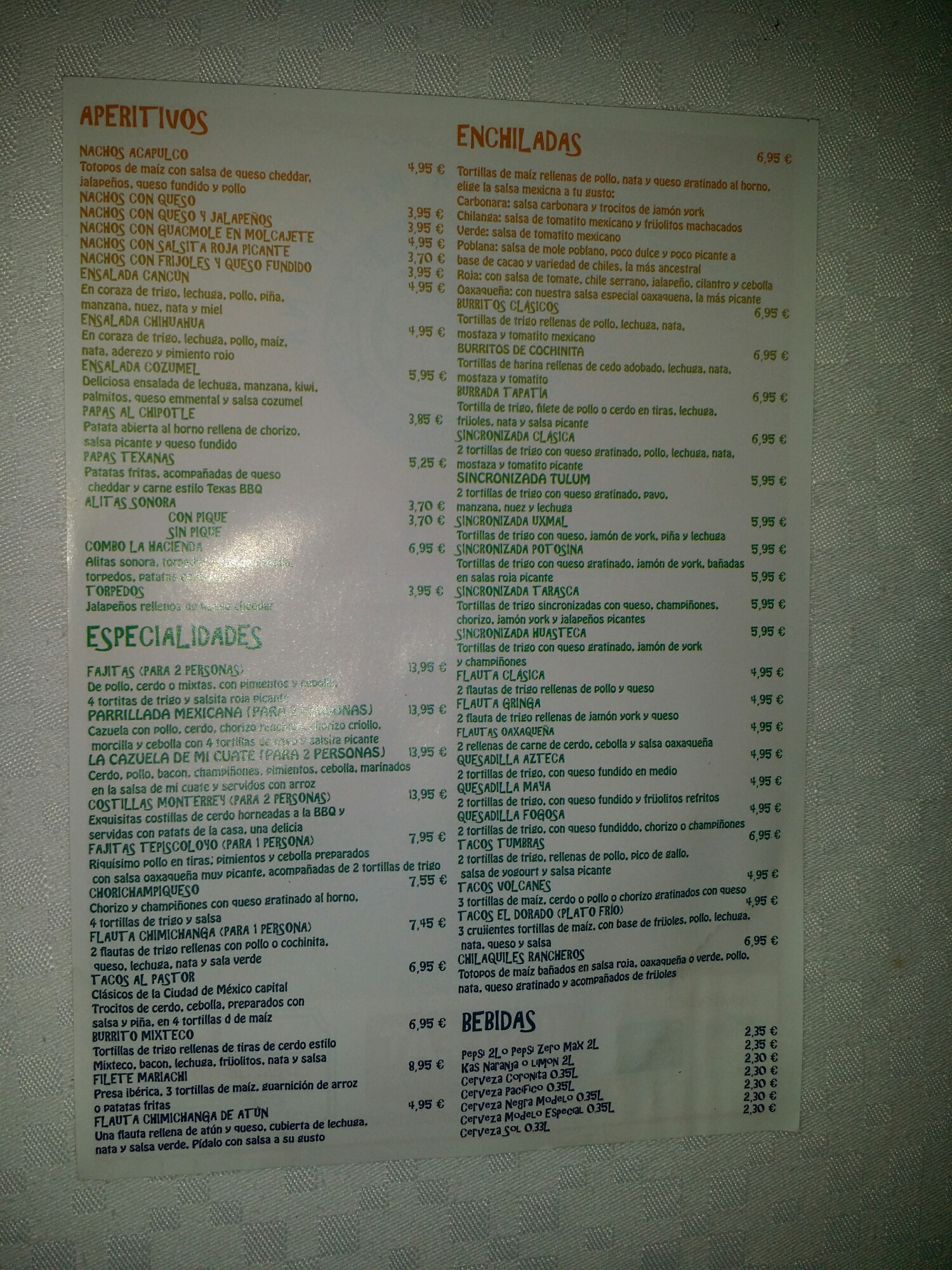 Folleto / Carta / Menú: Hoja 1 de La Hacienda Mexicana