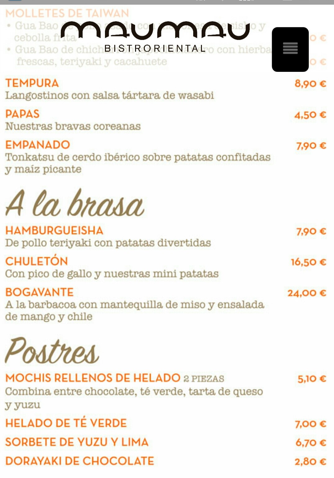 Folleto / Carta / Menú: Hoja 2 de Maumau Bristoriental