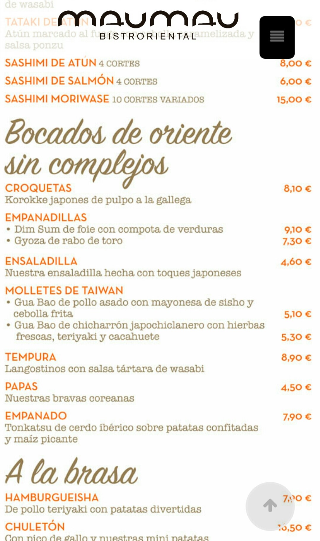 Folleto / Carta / Menú: Hoja 3 de Maumau Bristoriental