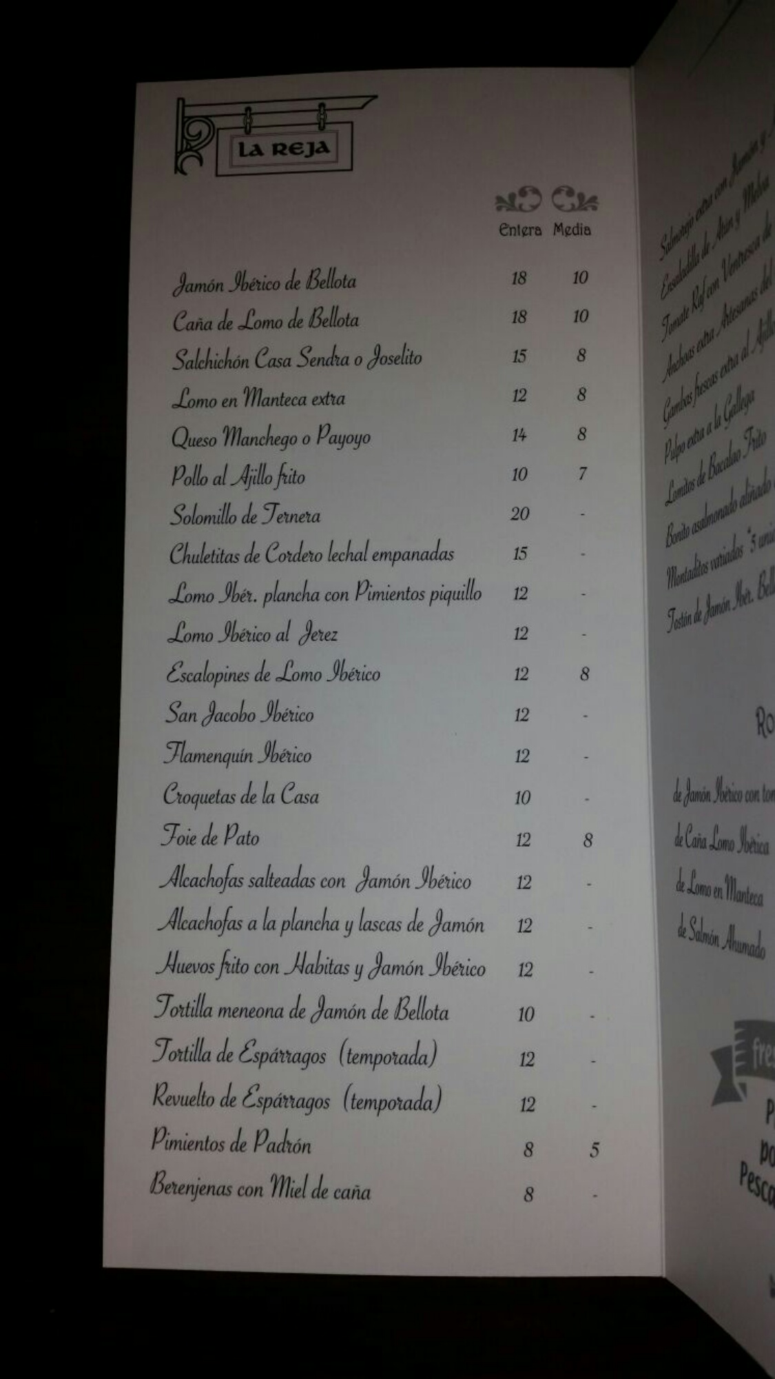 Folleto / Carta / Menú: Hoja 1 de Bar La Reja