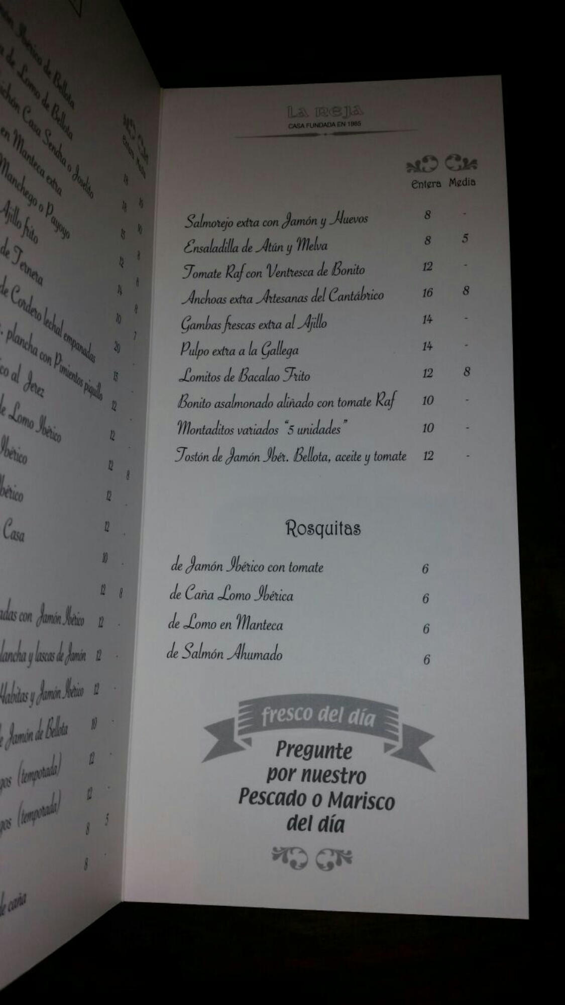 Folleto / Carta / Menú: Hoja 2 de Bar La Reja