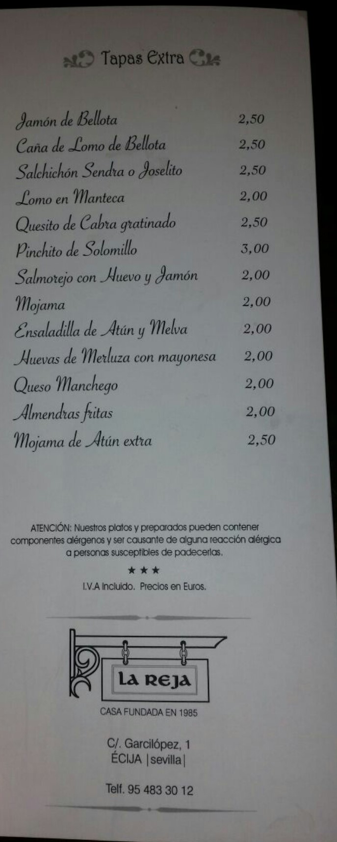 Folleto / Carta / Menú: Hoja 3 de Bar La Reja