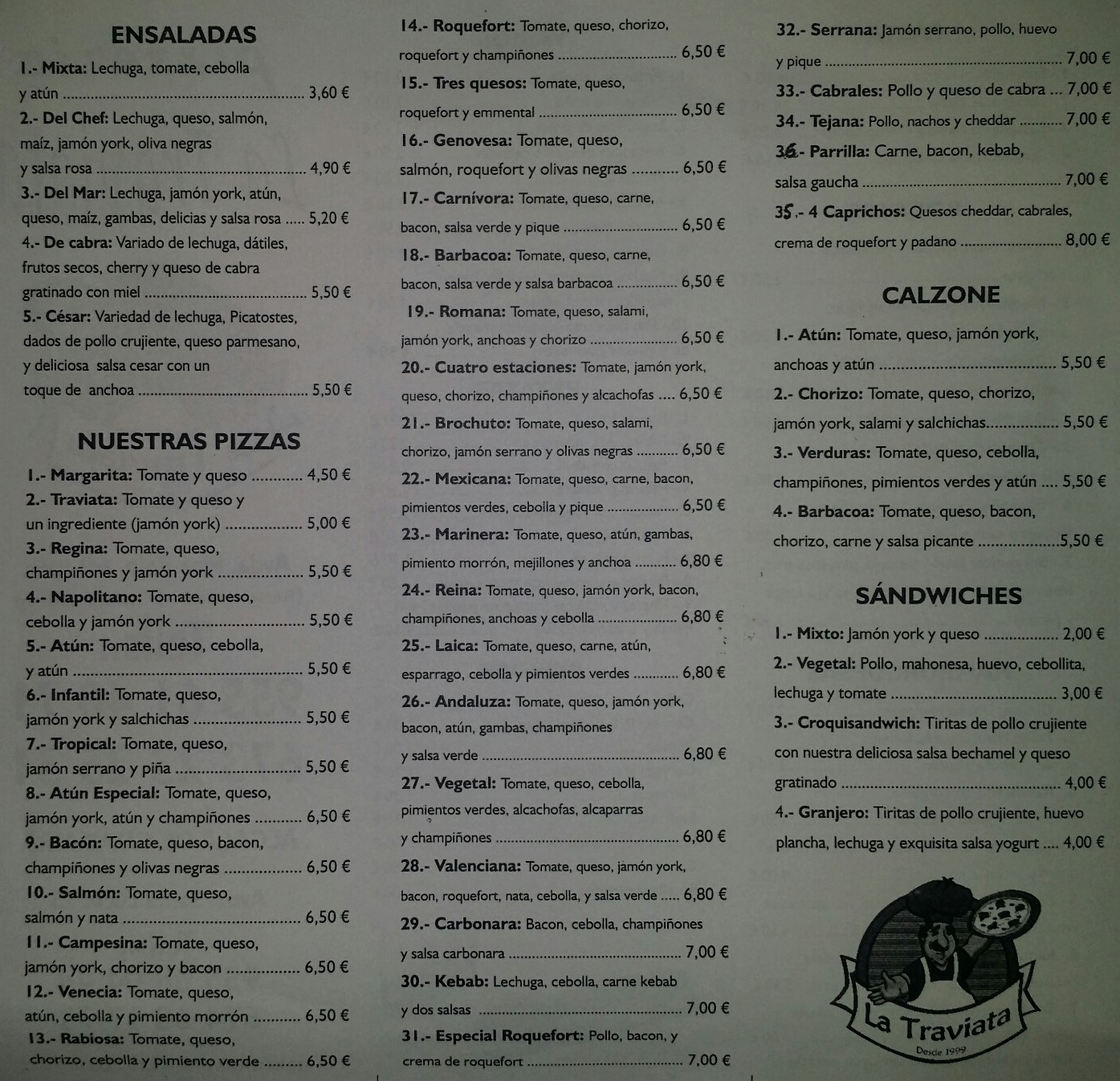 Folleto / Carta / Menú: Hoja 1 de Pizzeria La Traviata