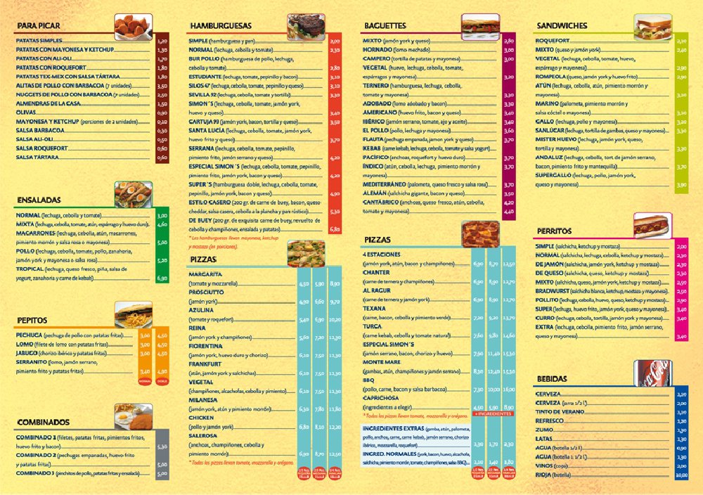 Folleto / Carta / Menú: Hoja 1 de Simon's restaurante