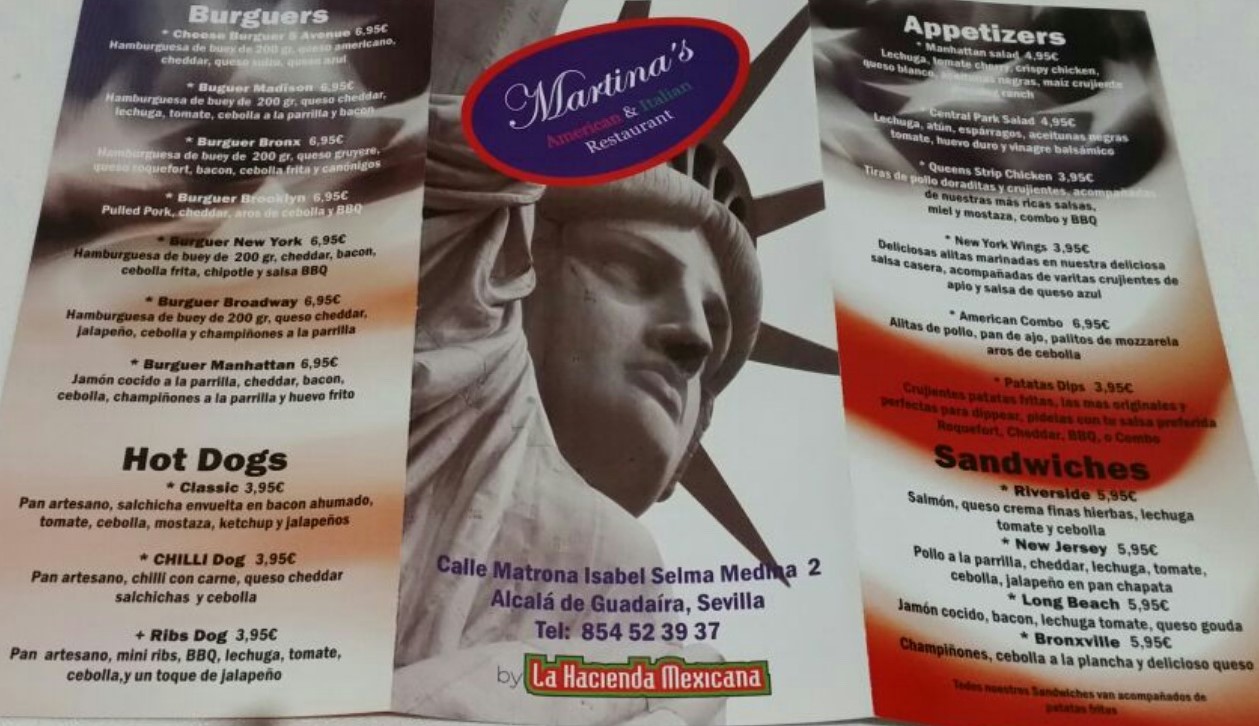 Folleto / Carta / Menú: Hoja 1 de Martina´s American Italian restaurant