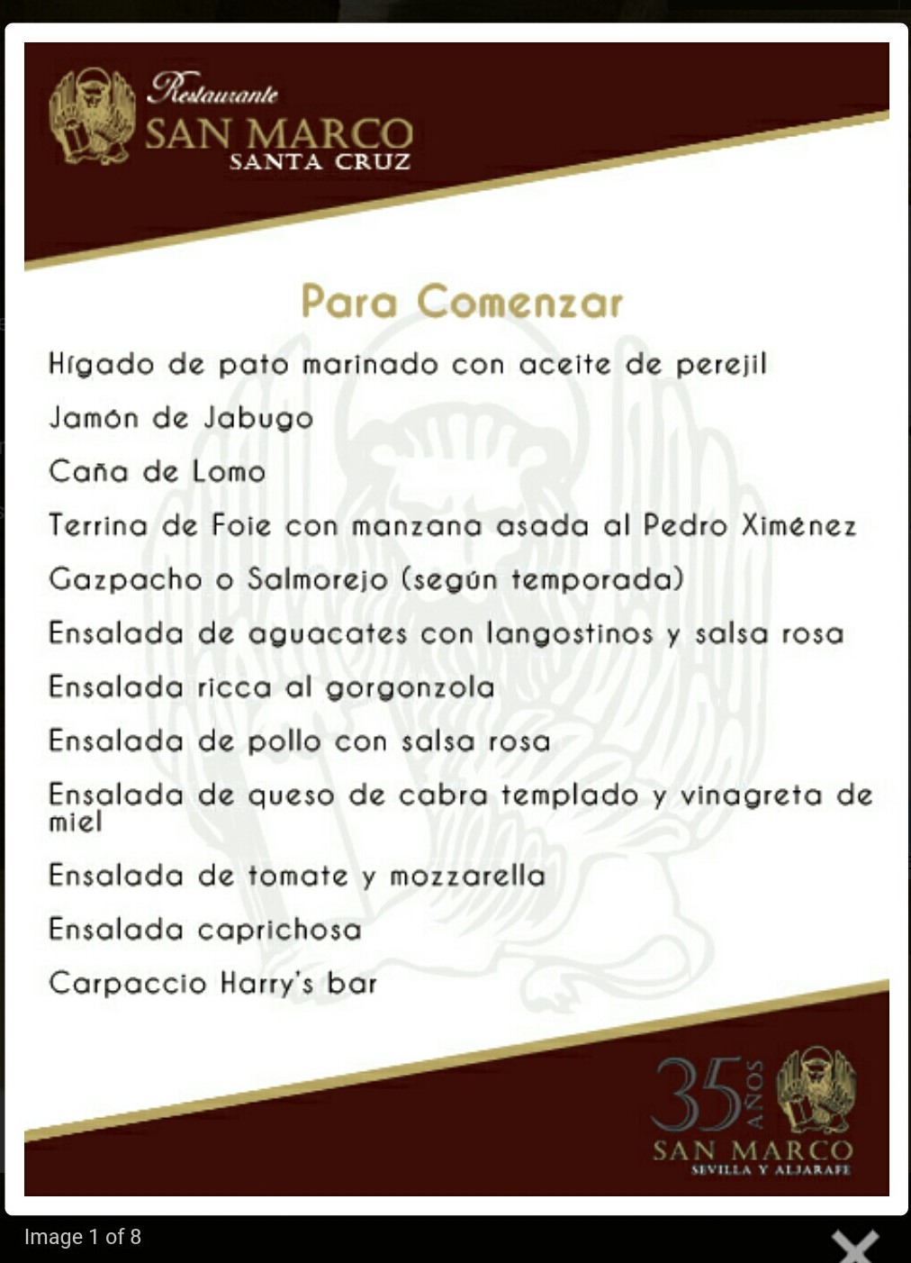 Folleto / Carta / Menú: Hoja 1 de Restaurante SAN MARCOS Triana