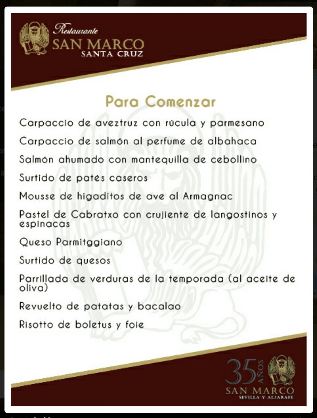 Folleto / Carta / Menú: Hoja 2 de Restaurante SAN MARCOS Triana