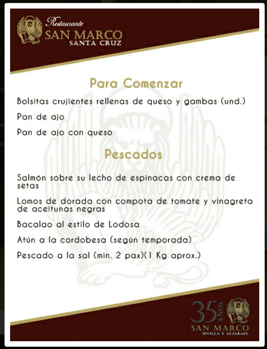 Folleto / Carta / Menú: Hoja 3 de Restaurante SAN MARCOS Triana