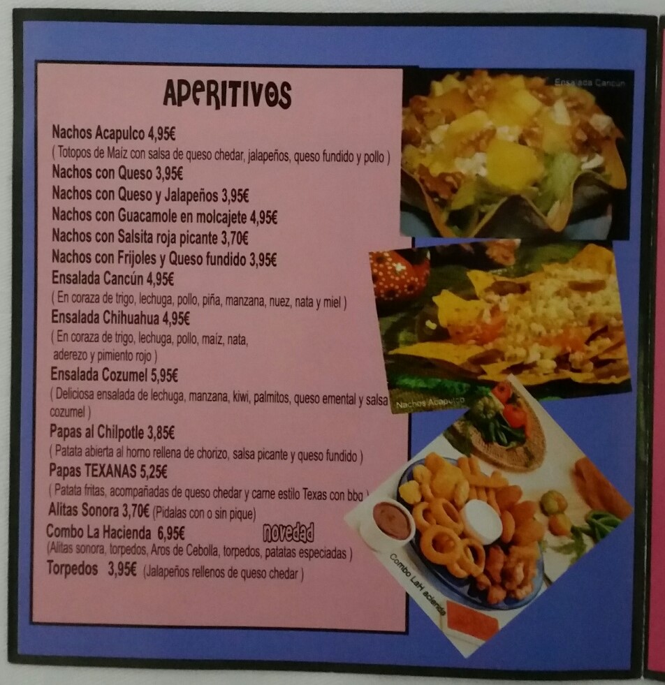Folleto / Carta / Menú: Hoja 1 de La Hacienda Mexicana (Alcalá de Guadaira)