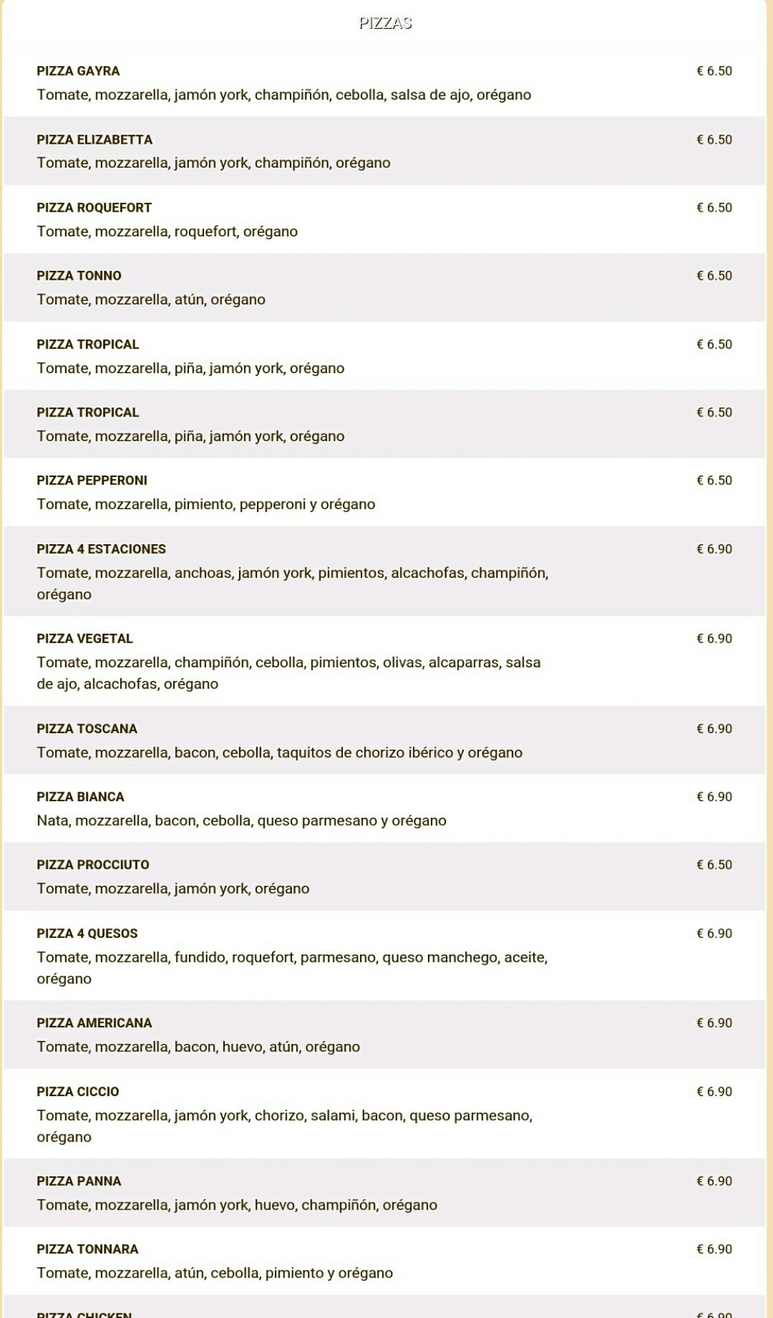 Folleto / Carta / Menú: Hoja 1 de Pizzeria Gayra