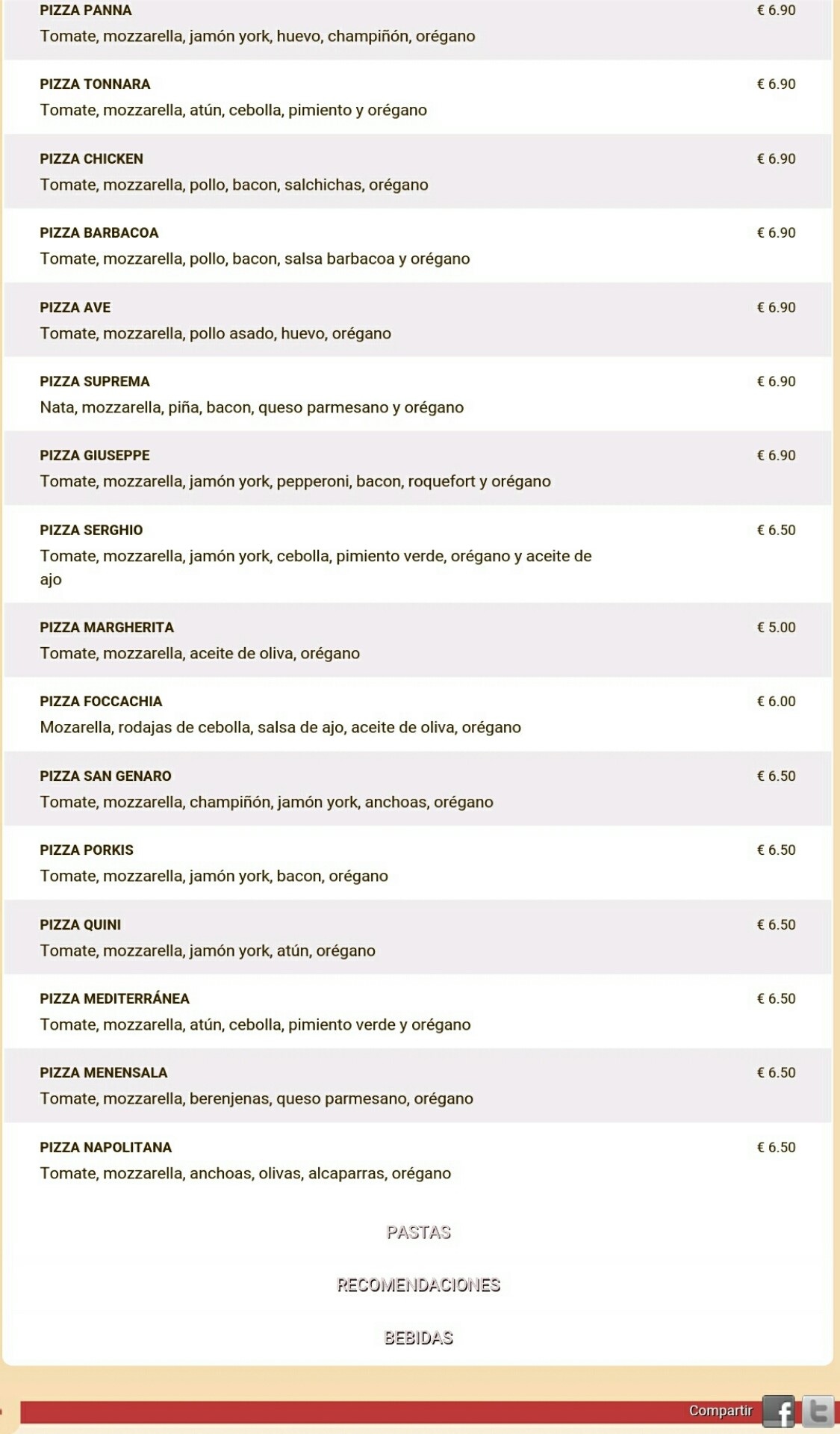 Folleto / Carta / Menú: Hoja 2 de Pizzeria Gayra