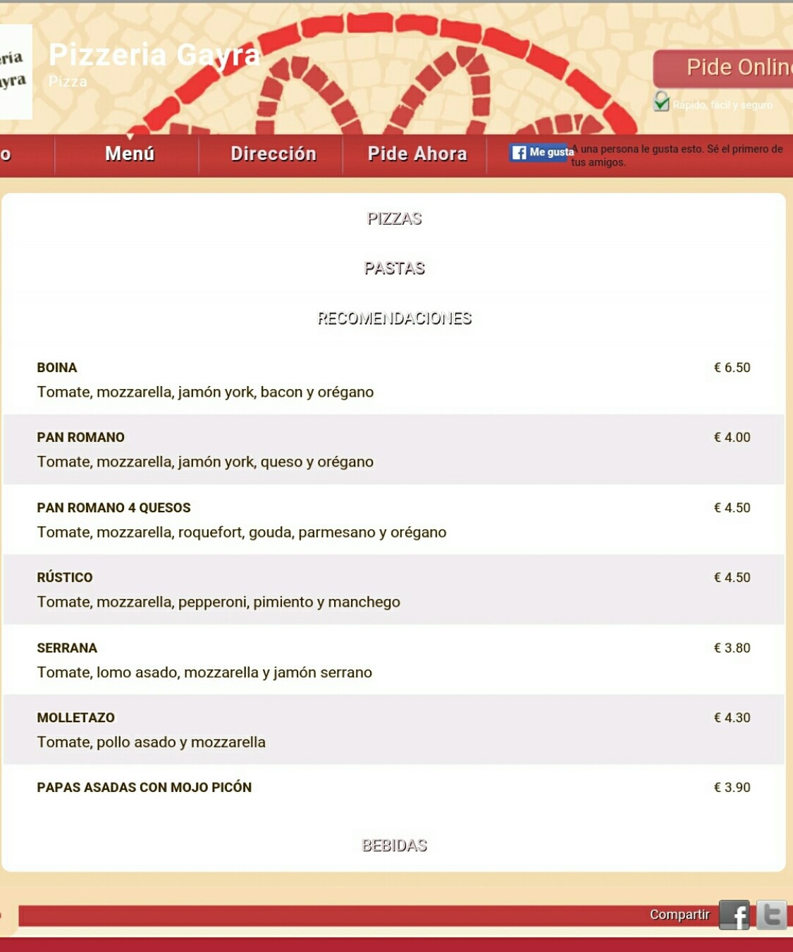 Folleto / Carta / Menú: Hoja 4 de Pizzeria Gayra