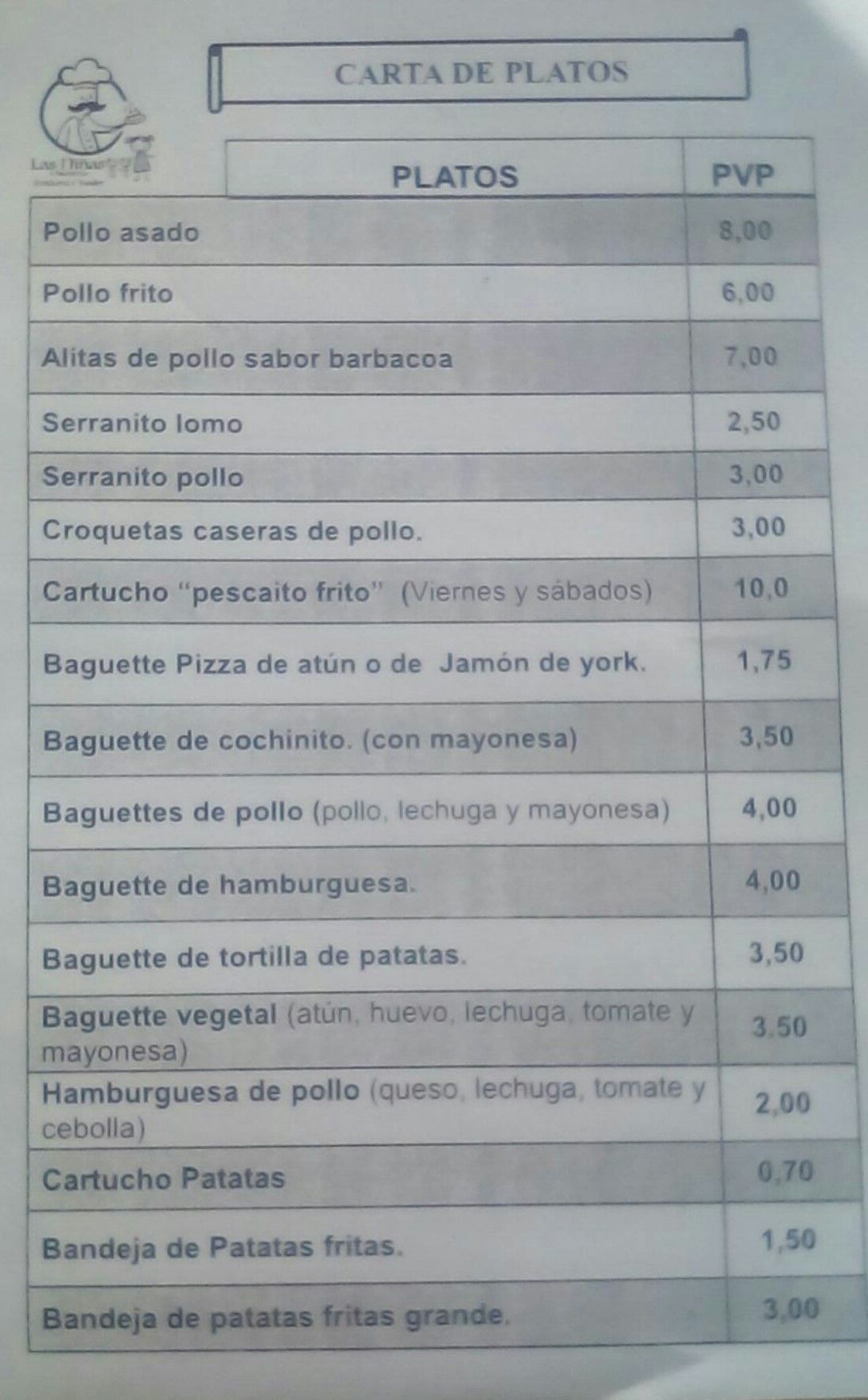 Folleto / Carta / Menú: Hoja 1 de Las Niñas Freiduria Asador