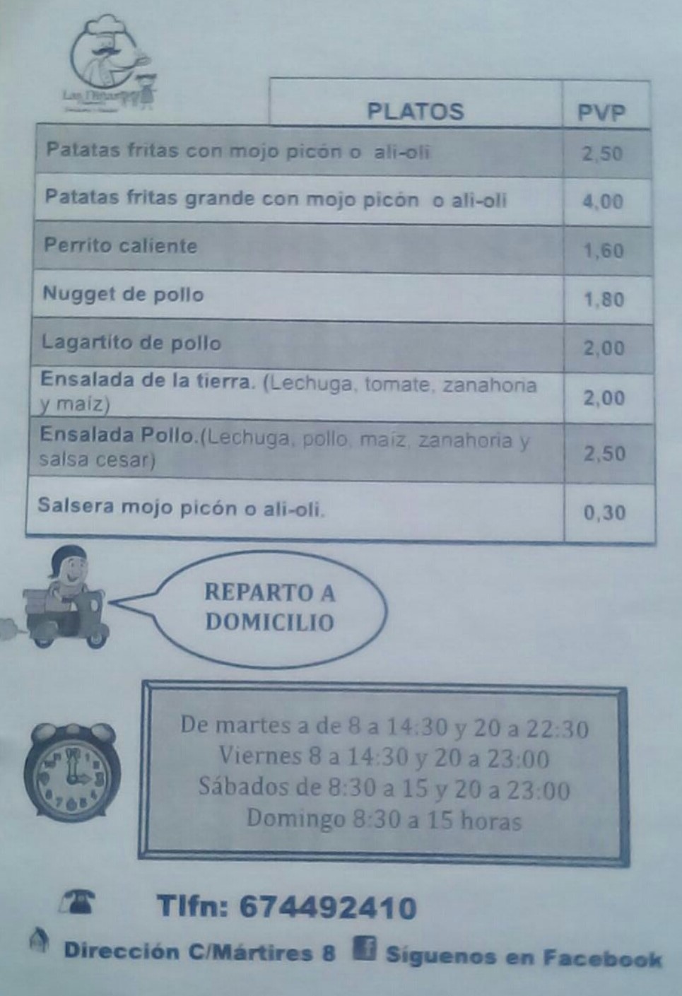 Folleto / Carta / Menú: Hoja 2 de Las Niñas Freiduria Asador