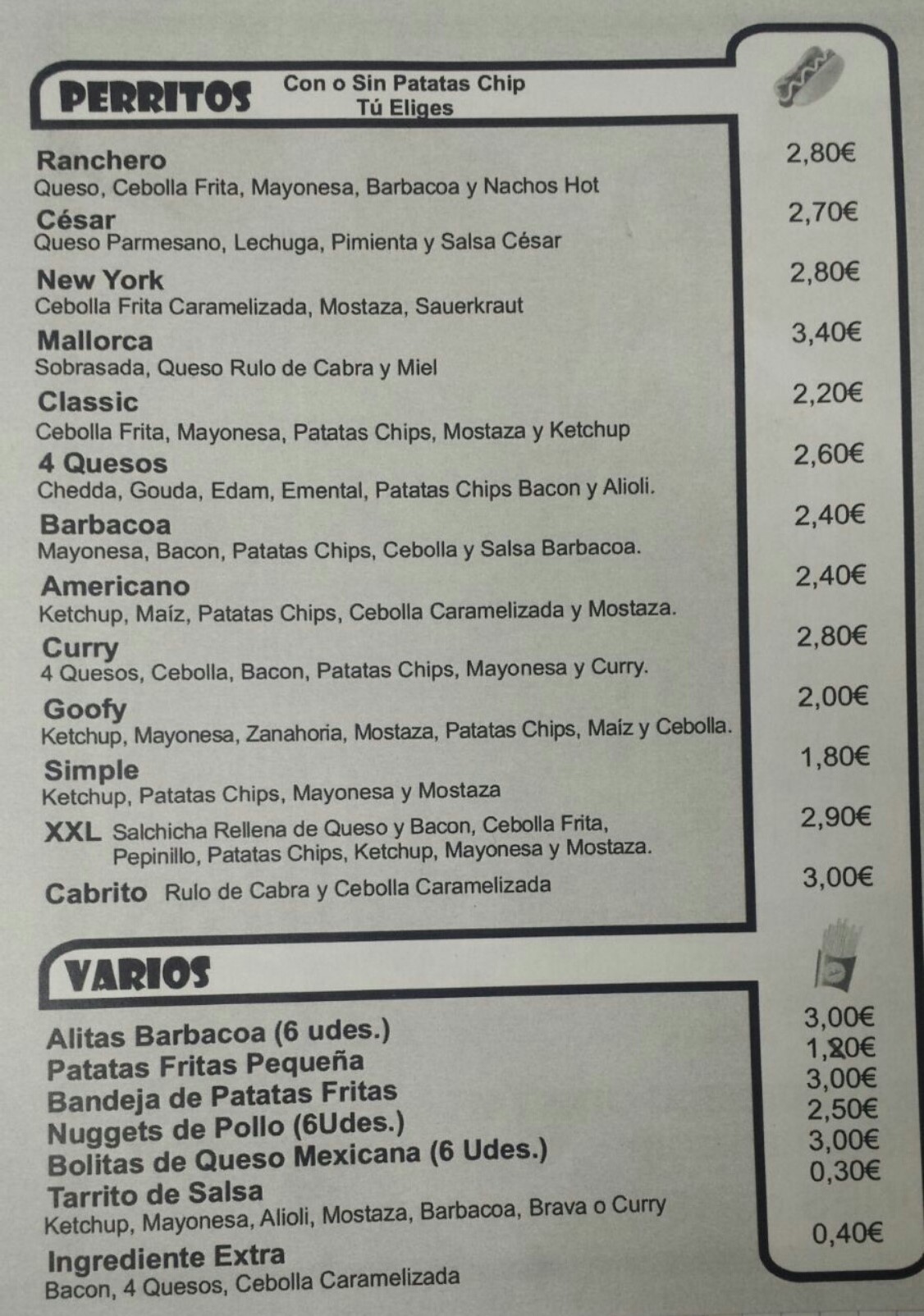 Folleto / Carta / Menú: Hoja 2 de Goofy Perritos Calientes