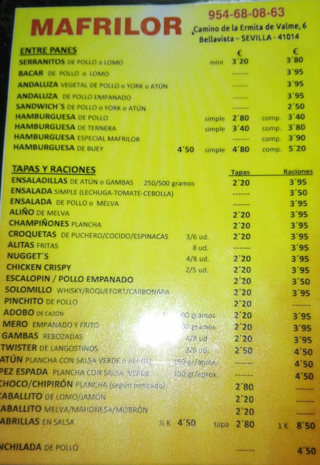 Folleto / Carta / Menú: Hoja 1 de MAFRILOR Café y Comidas