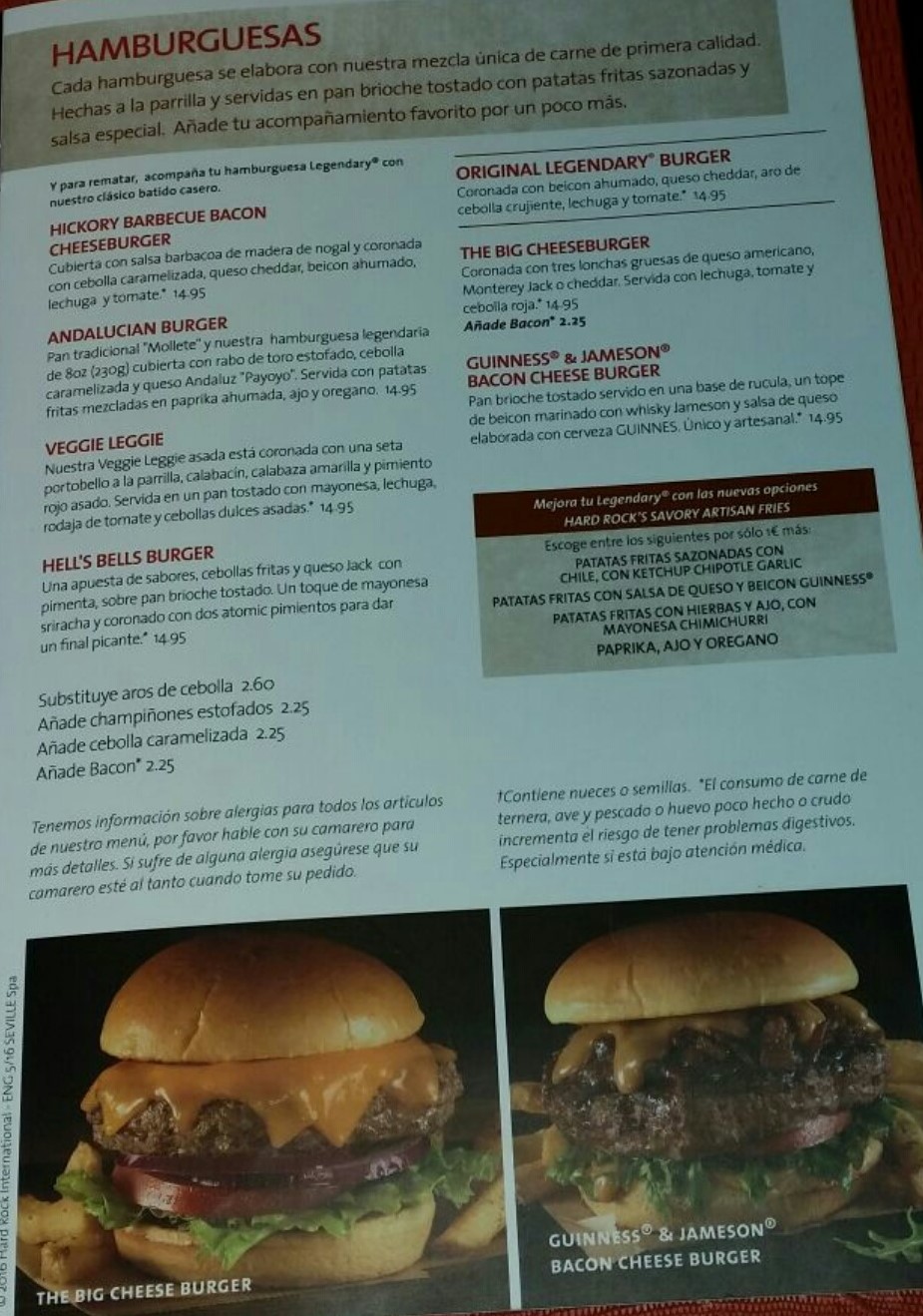 Folleto / Carta / Menú: Hoja 1 de Hard Rock Café Sevilla