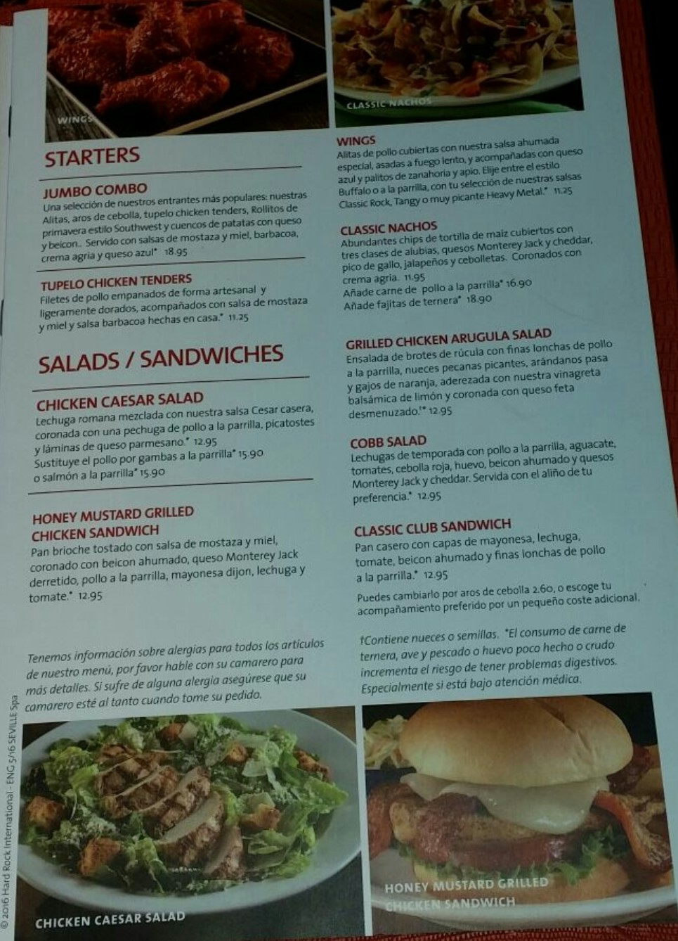 Folleto / Carta / Menú: Hoja 2 de Hard Rock Café Sevilla