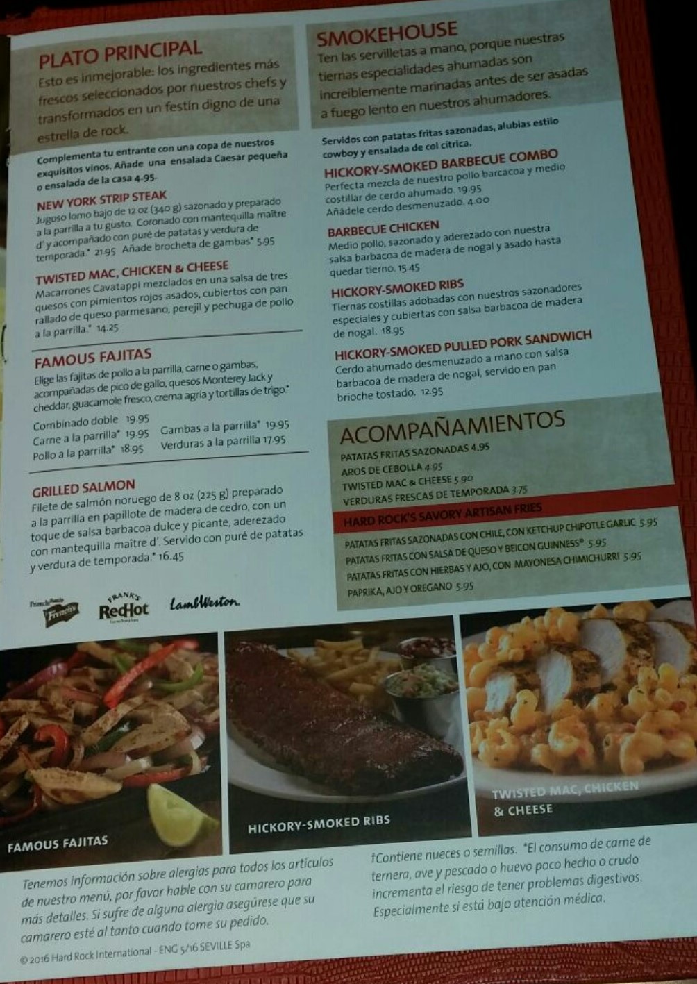Folleto / Carta / Menú: Hoja 3 de Hard Rock Café Sevilla