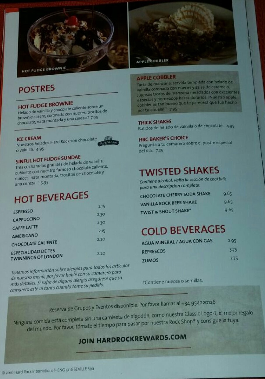 Folleto / Carta / Menú: Hoja 5 de Hard Rock Café Sevilla