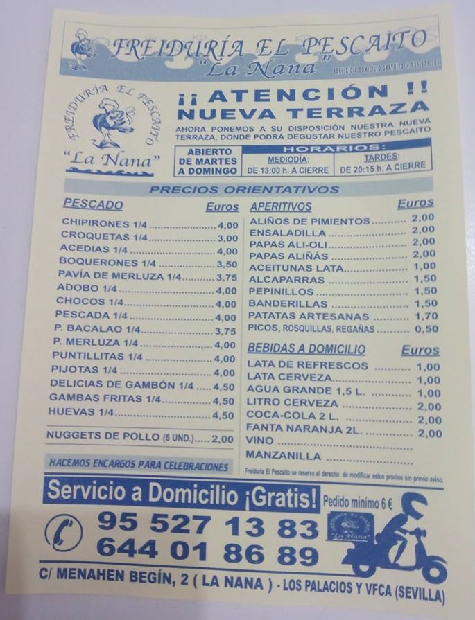 Folleto / Carta / Menú: Carta principal de FREIDURÍA EL PESCAITO "LA NANA"
