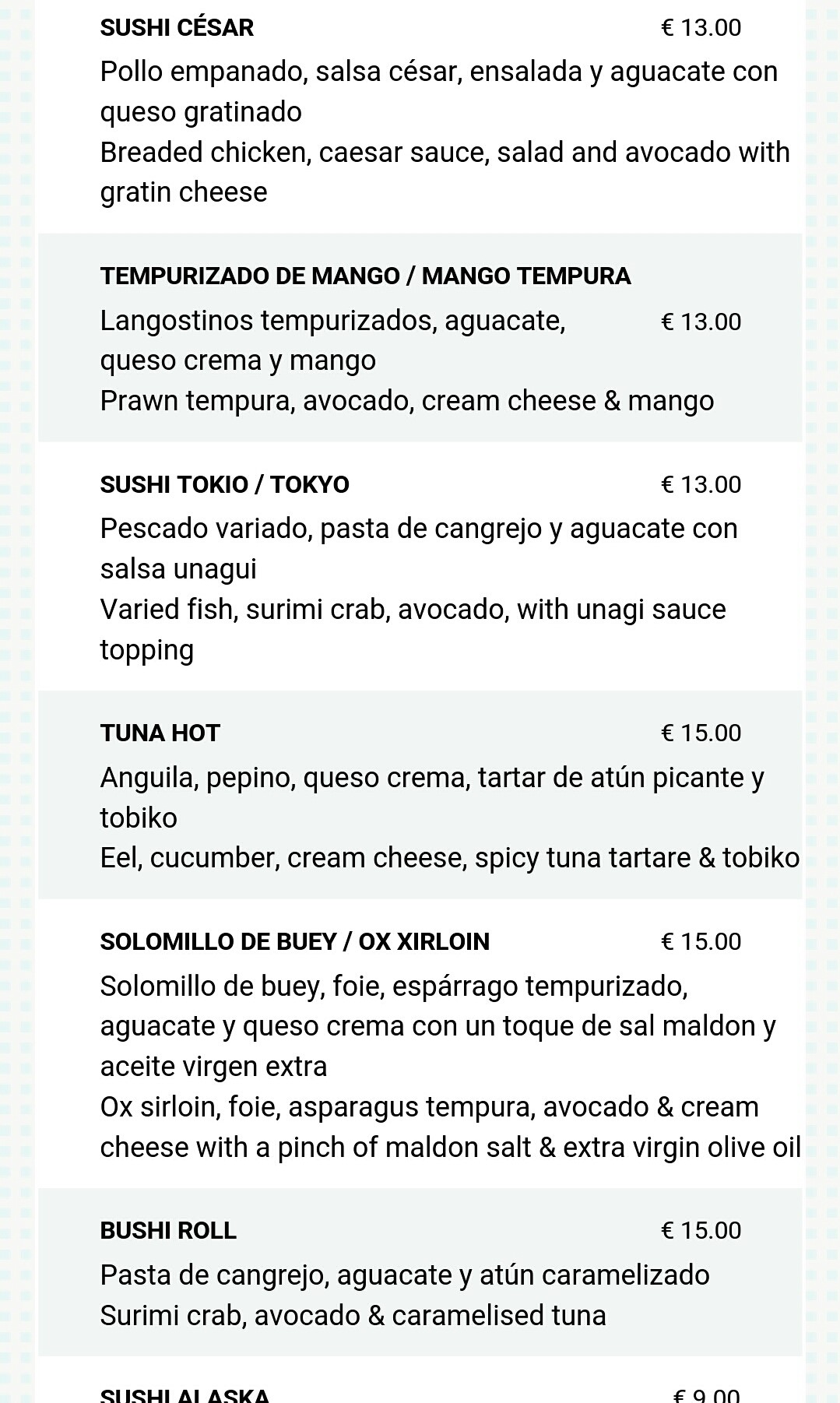 Folleto / Carta / Menú: Hoja 3 de Bushi