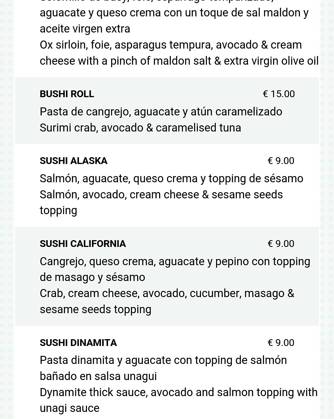 Folleto / Carta / Menú: Hoja 4 de Bushi