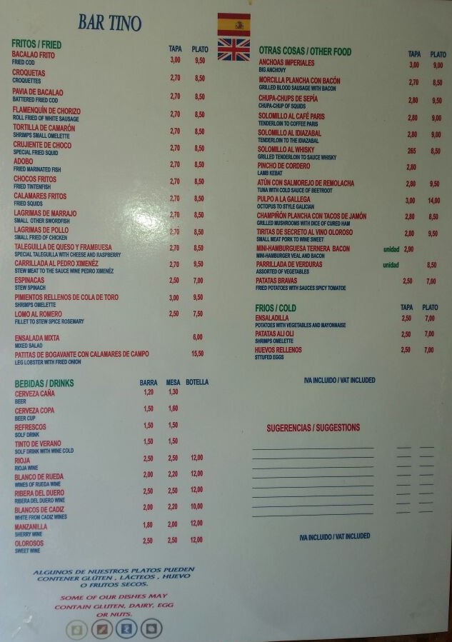 Folleto / Carta / Menú: Hoja 1 de Bar Gran Tino