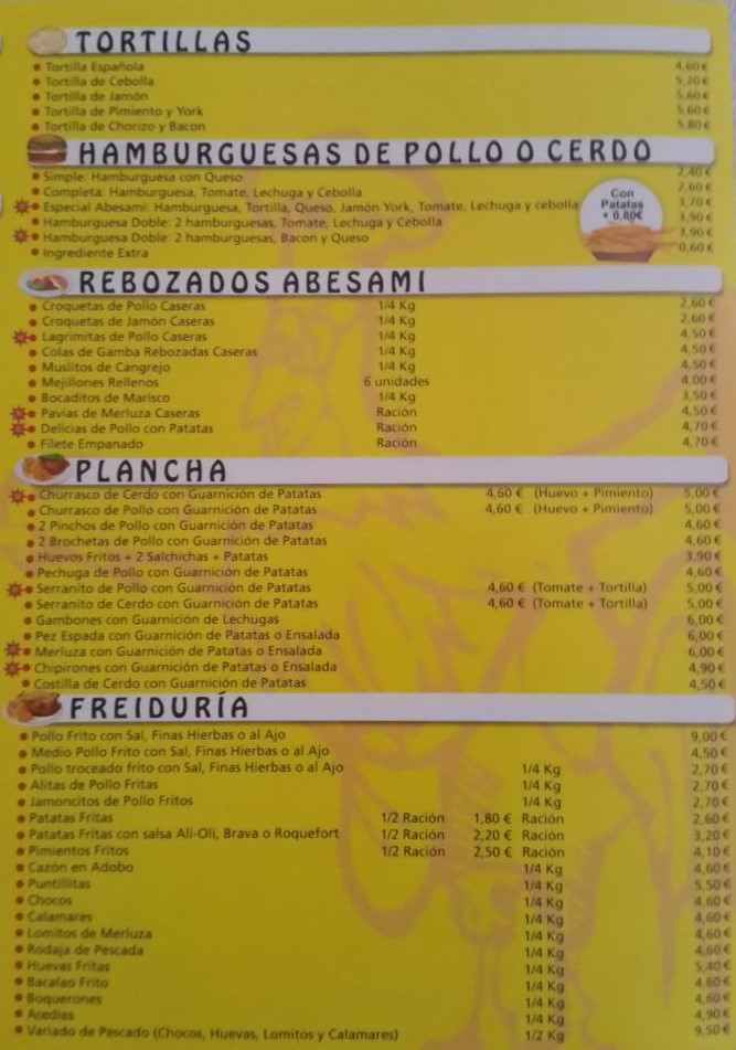 Folleto / Carta / Menú: Hoja 2 de Abesami Asador Freiduria Alcalá