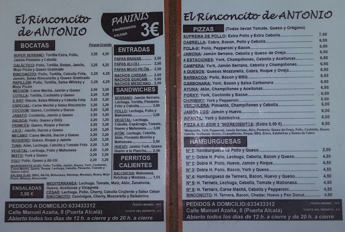 Folleto / Carta / Menú: Hoja 1 de El Rinconcito de Antonio