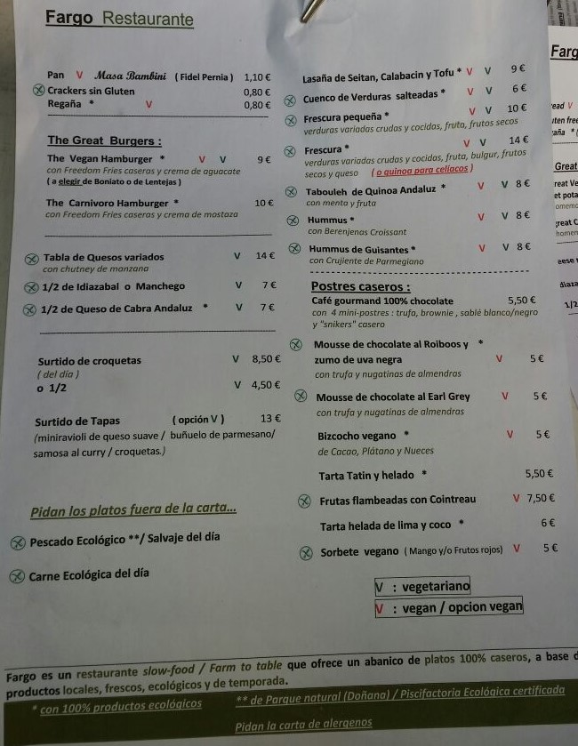 Folleto / Carta / Menú: Hoja 1 de Fargo Restaurante BIO