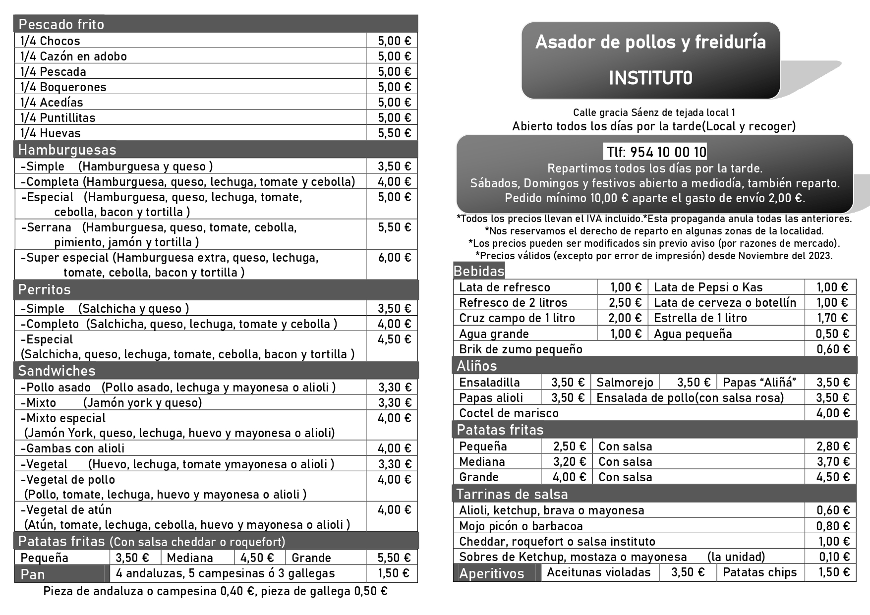 Folleto / Carta / Menú: Carta 1 de Asador Freiduria Instituto