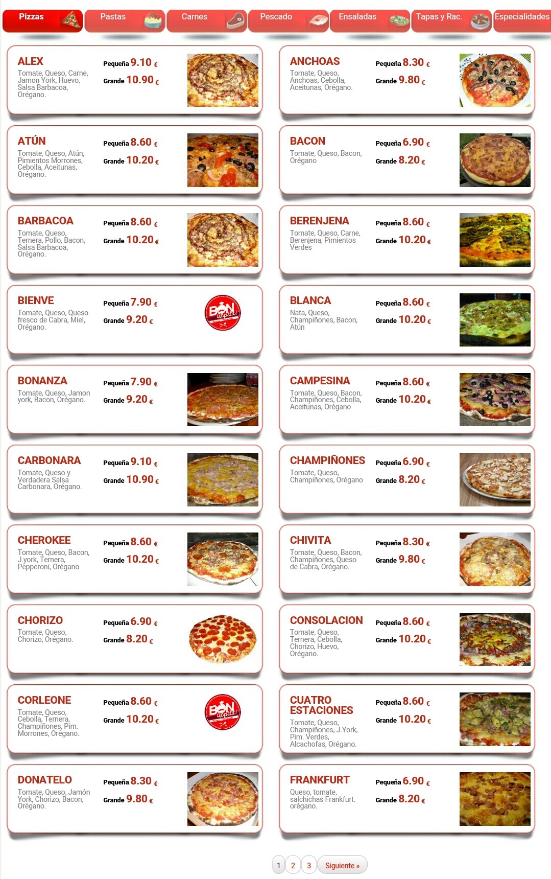 Folleto / Carta / Menú: Hoja 1 de Pizzeria Bon Appetit