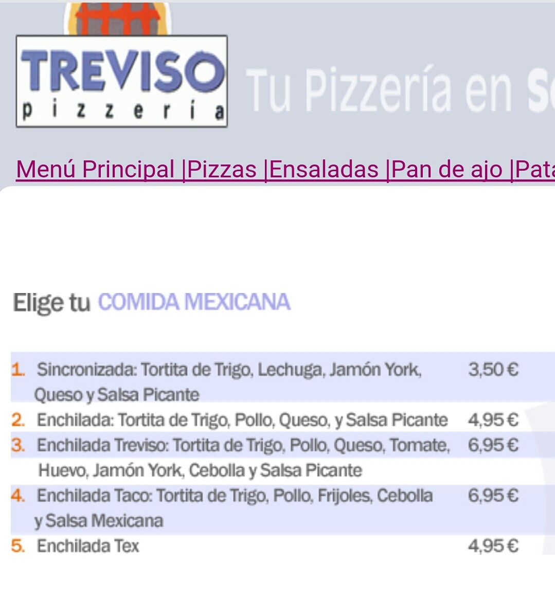 Folleto / Carta / Menú: Hoja 3 de Treviso Pizzeria Triana