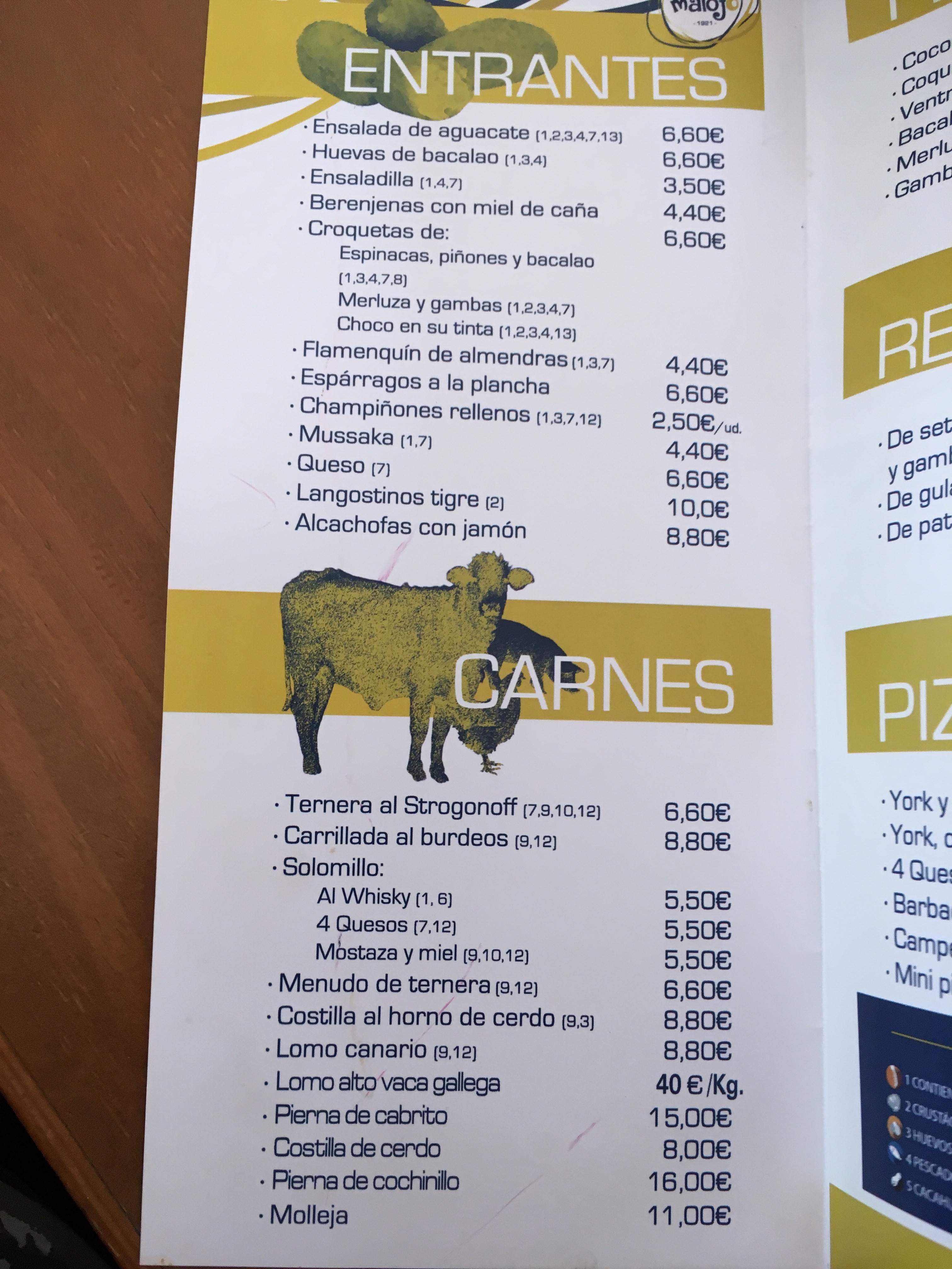 Folleto / Carta / Menú: Entrantes y carnes de Casa Malojo