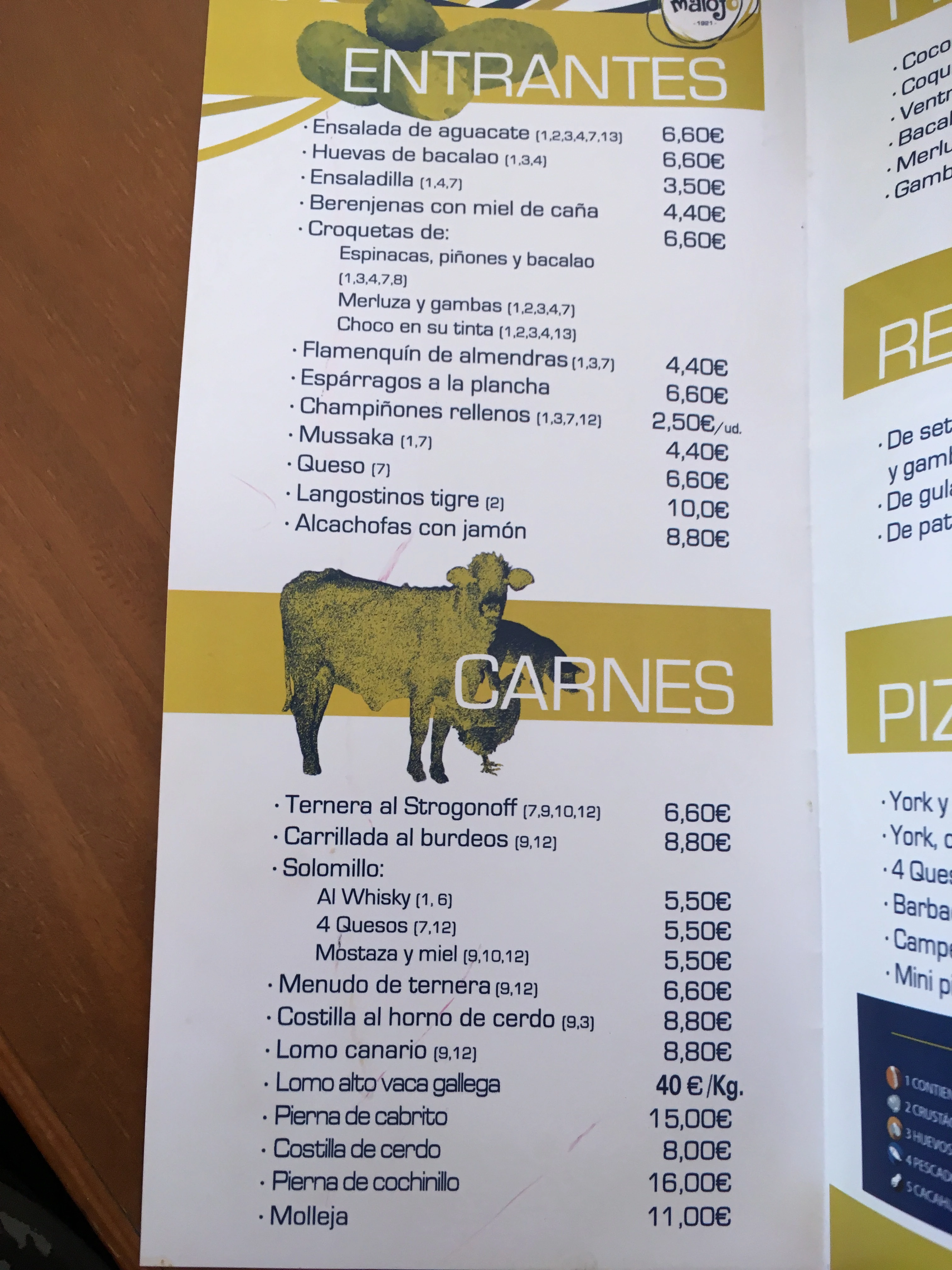 Folleto / Carta / Menú: Entrantes y carnes de Casa Malojo